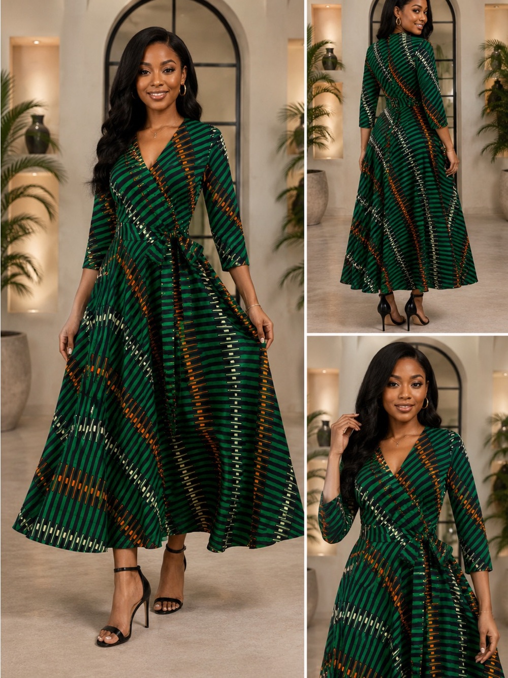 Green Striped Wrap Maxi Dress with Waist Tie